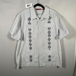 Sobrino Guayabera Shirt Mens XL White Black Pinstripe Embroidered Button Up